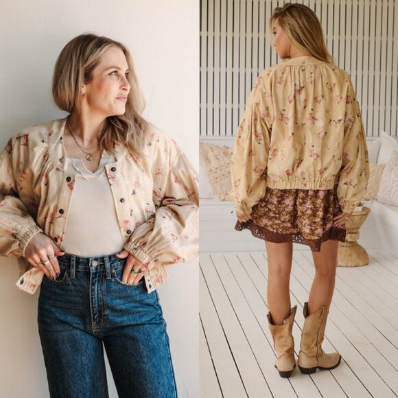 Free People‎ Rory Bomber Jacket Floral Boho Summer Spring Cowboy Roadtrip XS - Picture 1 of 7
